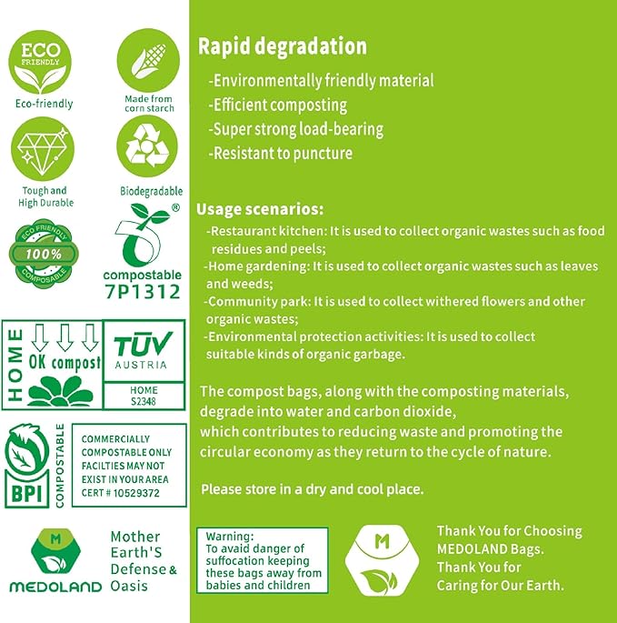 BPI Certified Compostable Trash Bags 13Gallon (30 Count) - 3X Thicker Than Regular, Leak & Tear Resistant for Kitchen/Garden/Food Waste, 90-Day Breakdown in Home/Industrial Use, 0.91mils Plant-Based