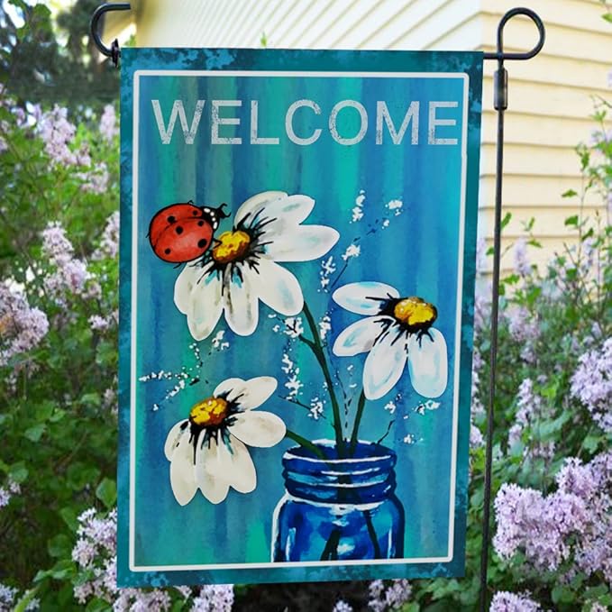 Anley Double Sided Premium Garden Flag, Spring Summer Daisy Jar and Ladybug Welcome Decorative Garden Flags for Home Decor - Weather Resistant & Double Stitched Yard Flags - 18 x 12.5 Inch