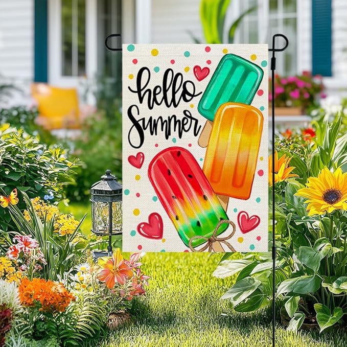 CROWNED BEAUTY Summer Garden Flag Popsicles Double Sided 12x18 Inches Small Burlap Seasonal Welcome Yard Decoration for Outside Porch CF1813-12