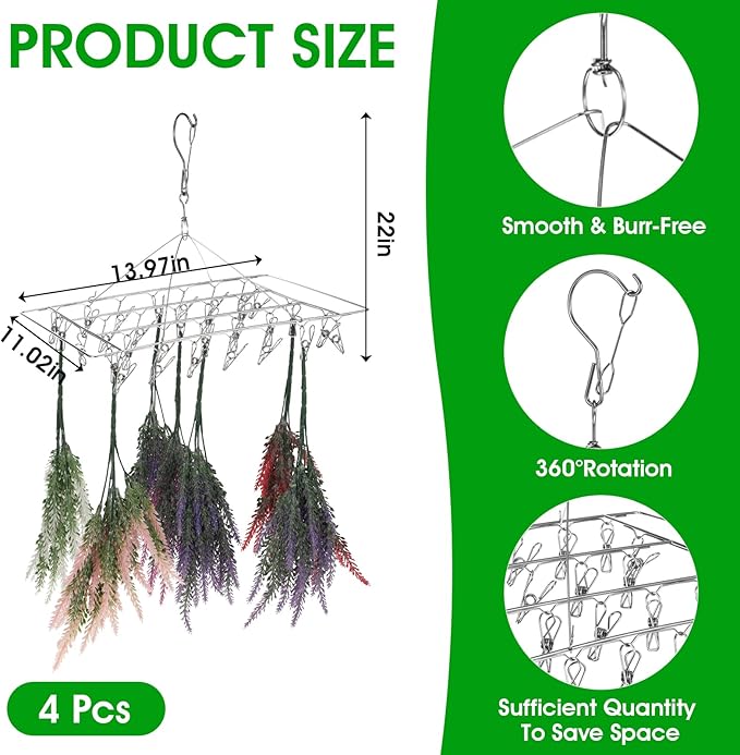 Tobeelec 4 Pcs Hanging Drying Rack for Herb Macrame Flower Drying Rack with 30 Stainless Clip Herb Dryer Hooks for Drying Herb Air Plants Spices Flowers Hydroponic Plants