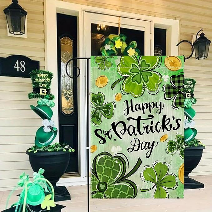 Happy St Patricks Day Shamrock Garden Flag 12 x 18 inch Double Sided Outside decorations,Spring Small Garden Flags For Outdoor Yard Lawn
