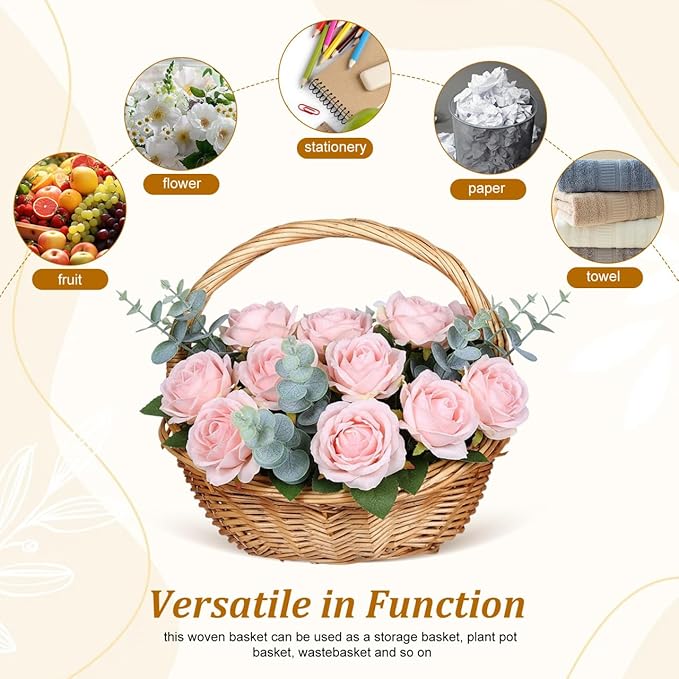 Kisangel Wicker Picnic Basket with Handle, 8.66 x 7.07 x 7.87in Wicker Flower Basket Small Storage for Weddings, Garden Home Fruits Vegetable Decor