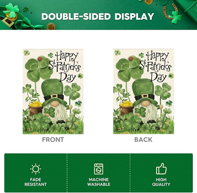 AVOIN colorlife Happy St Patricks Day House Flag 28x40 Inch Double Sided Outside, Leprechaun Gnome Lucky Clover Holiday Yard Outdoor Flag