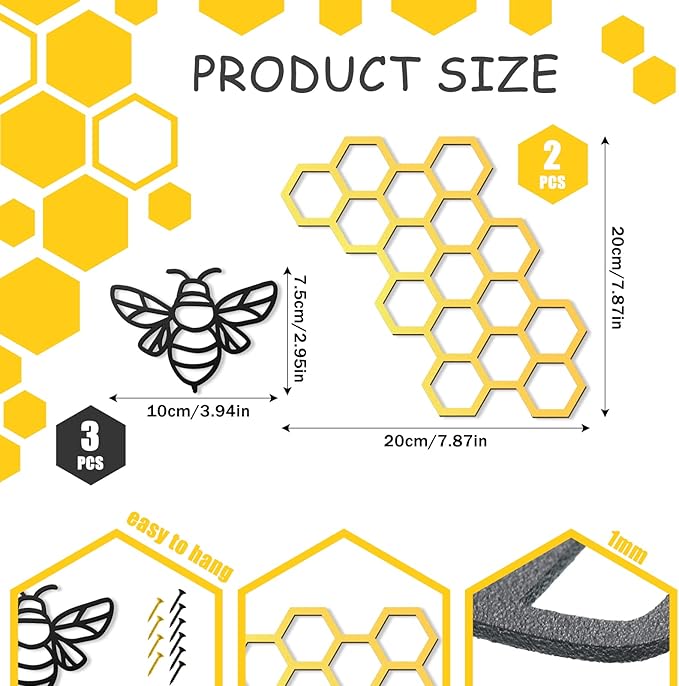 Peryiter 5 Pcs Metal Bee Wall Art Farmhouse Honey Bee Honey Comb Decor Wire Metal Wall Decor Hanging for Living Room Garden Bedroom Office Home (Black, Gold)