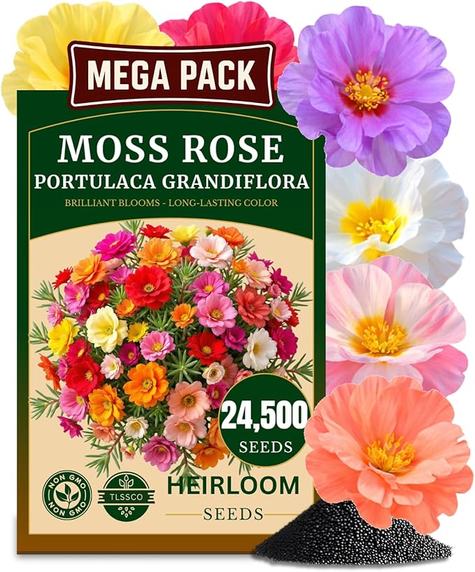 24500+ Moss Rose Seeds, Pack for 2026 USA Premium Non-GMO Flower Seeds Annual Flower for Ground Cover - Heat & Drought Tolerant Moss-Rose Purslane, Eleven O'clock
