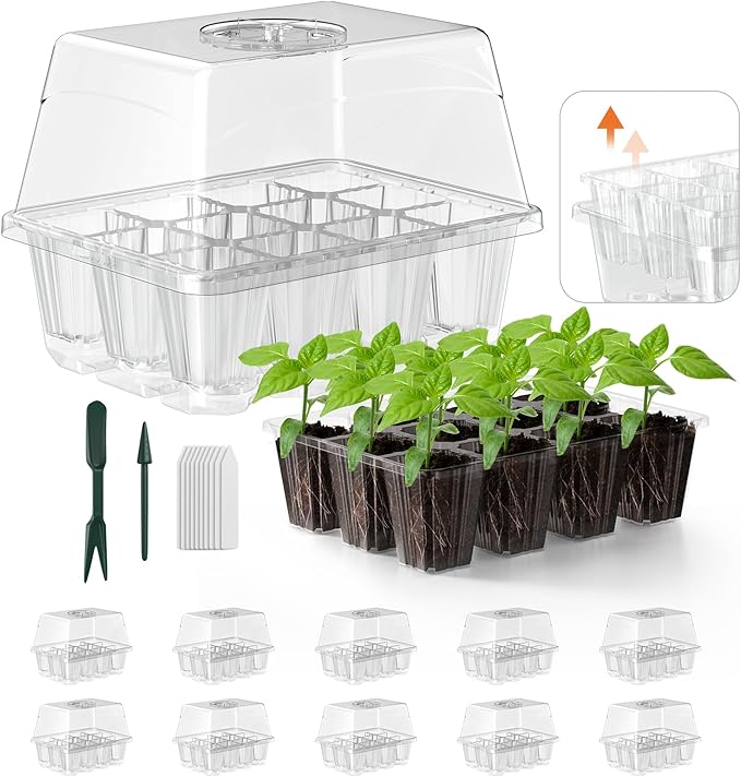 Seed Starter Tray, 10PCS Seed Starter Kit, Seedling Starter Trays with Heightened Lids for Seed Staring, Indoor Plant Germination Trays (12 Cells per Tray) Transparent