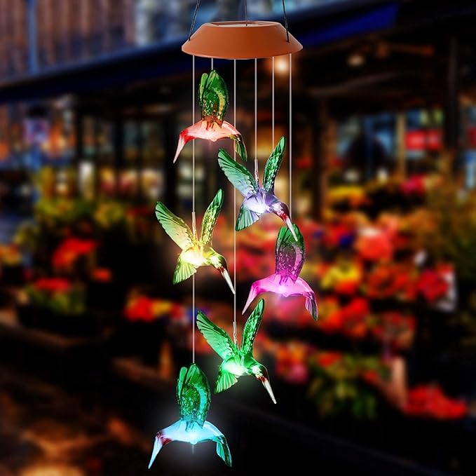 Hummingbird Solar Wind Chimes Color Changing Outdoor LED Solar Chimes Light Birthday Gifts for Women Garden Gifts for Mom Grandma Mothers Day Memorial Wind Chimes Outdoor Decor