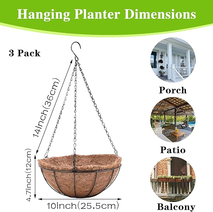 Hanging Planters Basket Set of 3 Hanging Flower Pots 10 Inch Chain Round Wire Plant Holder with Coco Coir Liner Garden Watering Hanging Baskets for Patio Garden Outdoor1