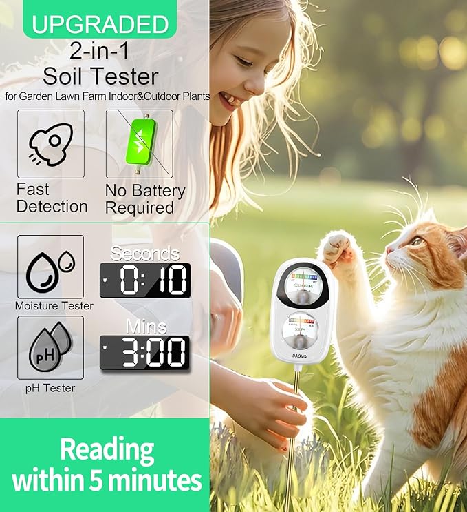 2-in-1 Moisture Meter for Plants, Soil Moisture Meter & PH Tester, Large Dual-Screen Soil Test Kit, Essential Garden Tools for Indoor/Outdoor Plant, Lawn, Farm, No Battery Needed