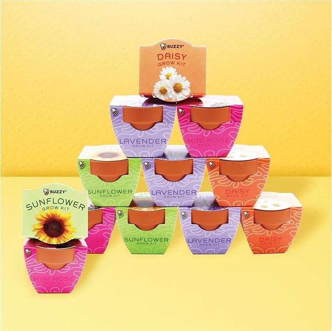 BUZZY Seeds Terracotta Mini Grow Pots, Flower Starter Kit, Assorted 12-Pack, Bright Series Collection Daisy, Lavender, Mini Rose, Sunflower Seeds, Gardening Gift, Party Favors, Weddings, Showers