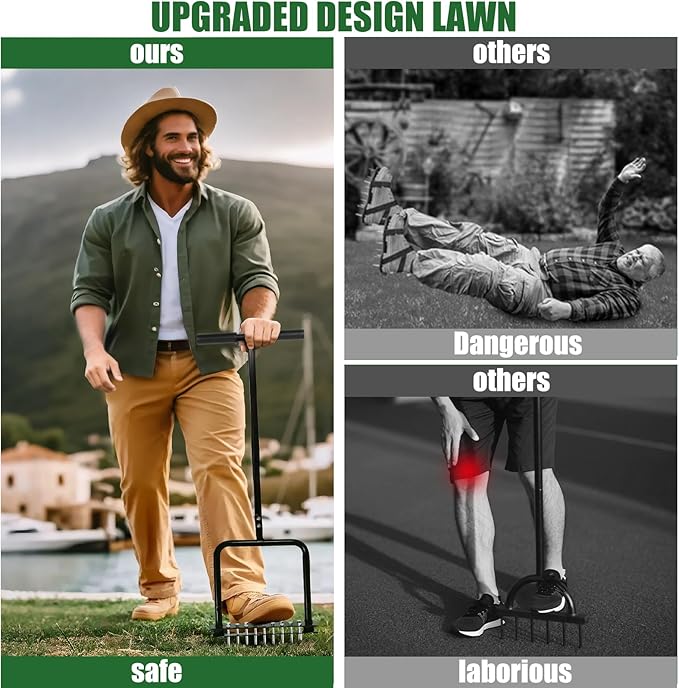 Lawn Aerator Tool,Manual Stainless Steel Spike Aerator Lawn Tool with Spring Base, Automatic Dirt and Leaf Clean Design, Adjustable T-Handle, Soil Loosening, Yard Aerating, Garden Tool Black