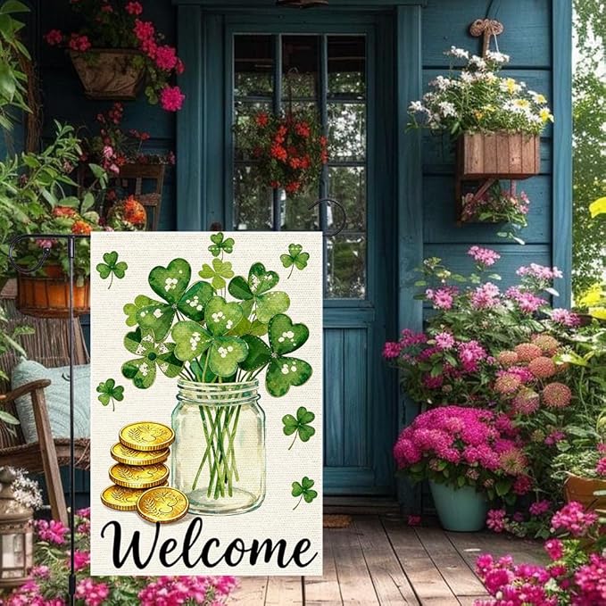 St Patrick's Day Garden Flag 12x18 Inch Double Sided Burlap Flag Welcome Shamrock Mason Jar Gold Coins Outdoor Decor for Yard Patio Irish Festival Decorations