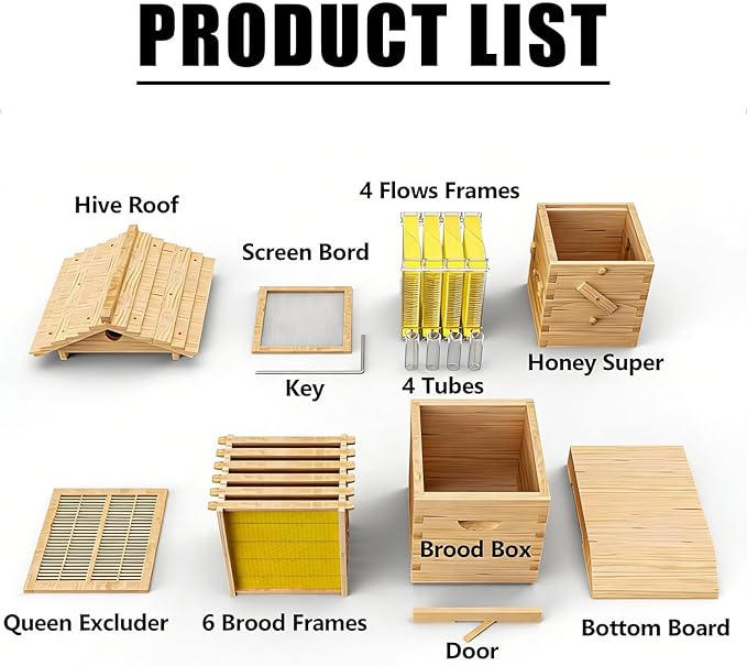 Wooden Beehive Starter Kit for Beginners, Self-Flowing Bee Hive with Mold Resistance, Easy Assembly Complete Set for Backyard Beekeepers & Garden Pollinators