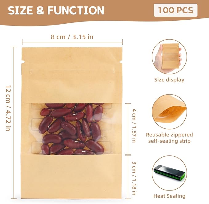 100 Pack Small Resealable Seed Envelopes with Clear Window, 3.15 x 4.72 Inch Brown Kraft Paper Seed Packets Envelopes with Preprinted Seed Collecting Template for Seed Storage, Seed Organizer