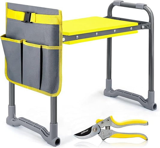 Jardineer Garden Kneeler and Seat Heavy Duty with Handles - 2-in-1 Foldable Padded Gardening Kneeler for Seniors, Ergonomic Yellow Kneeling Bench & Pad, Bypass Pruner Included (330lbs Capacity)