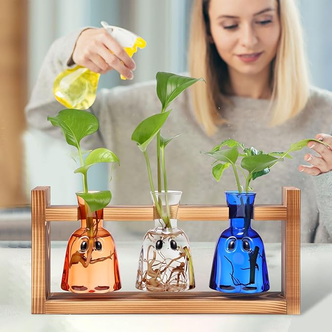 Mimorou Plant Propagation Stations Plant Terrarium with Wooden Stand Hydroponics Glass Vase Planter for Home Office Garden Table Decoration(Ghost)