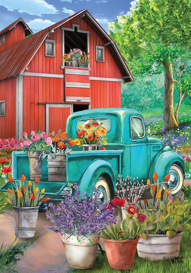 Farm In Spring House Flag Pickup Truck Floral 28 x 40 Briarwood Lane