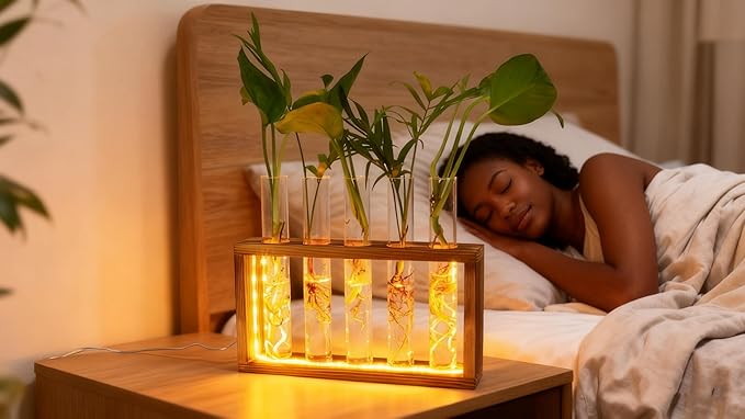 Plant Propagation Station with LED Lights, Plants Terrarium with Wooden Stand, 5 Glass Test Tube Vases for Propagating Hydroponic Plants Cutting Office Home Desk and Garden Decor Gift for Plant Lovers