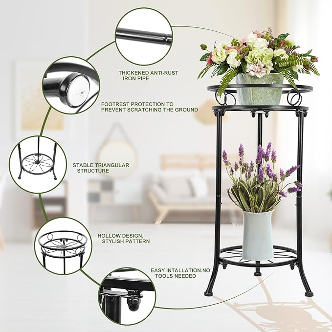 2 Pack Plant Stand Indoor Outdoor,20.3'' 2-Tier Metal Tall Plant Stands,Flower Pot Holder, Plant Rack, Display Shelf for Home Garden Office Patio Balcony