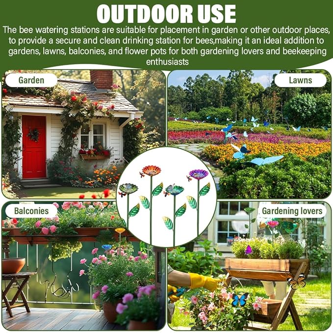 4Pack Bee Watering Station,Metal Bee Bath for Garden with16 Glass Marbles,Butterfly Watering Station for Outdoor Decor in Flower Design,Water Feeder to Attract Pollinators (Colorful,Size:60*8.1*8.1cm)