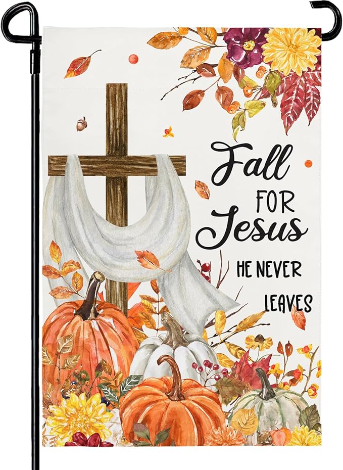 Fall for Jesus Pumpkins Garden Flag 12x18 Double Sided Fall Autumn Religious Cross Small Yard Flags for Outside Seasonal Flags Farmhouse Yard Garden Outdoor Decor