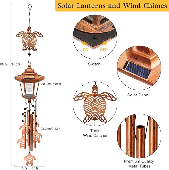 Large Solar Turtle Wind Chimes with Wind Catcher/Solar Decor Light to Create a Zen Atmosphere Suitable for Outdoor, Garden, Patio Decor Classic Bronze Wind Chimes as A Unique/Memorial Gift for Unisex
