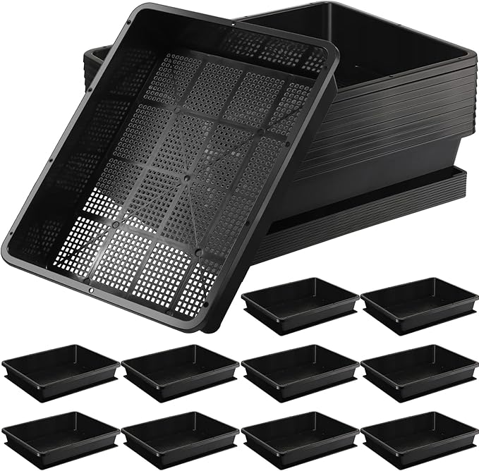Aoriher 10 Set/20 pcs Mesh Bottom Trays and Trays mat, Soil Blocking Trays Seed Starting Trays Plastic Seedling Starter Microgreen Growing Tray for Microgreen Plant Seed Tray 15 x 12 Inch