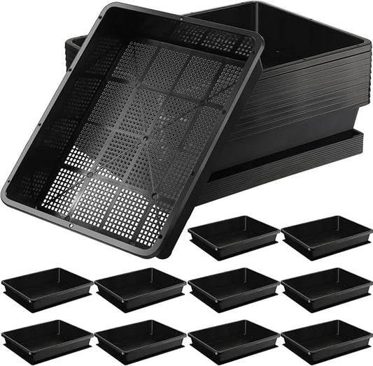 Aoriher 10 Set/20 pcs Mesh Bottom Trays and Trays mat, Soil Blocking Trays Seed Starting Trays Plastic Seedling Starter Microgreen Growing Tray for Microgreen Plant Seed Tray 15 x 12 Inch
