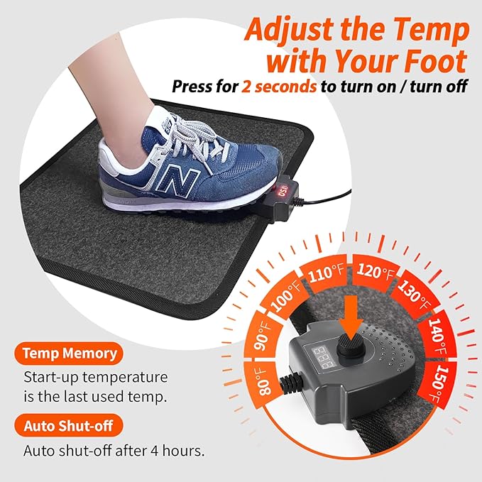 Heated Floor Mat Under Desk for Foot Warmer - Wider 110V Adjustable Temperature Electric Space Heaters Heating Pad - Carbon Crystal & Energy Saving Feet Warmers for Office,Home (Black Gray)
