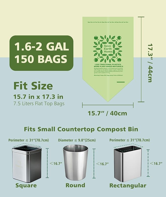 150 Count 1.6-2 Gallon Small Compost Bags, AYOTEE Biodegradable 1.6 Gallon Trash Bags, Certified By ASTM Mini Compostable Bags Strong Wastebasket Can for Bathroom Home Kitchen Fit 7.5 Liter, Green