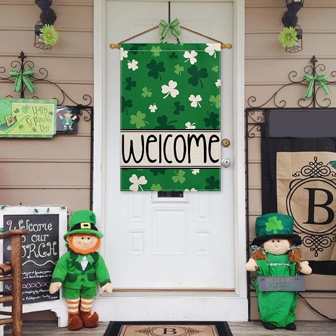 AVOIN colorlife St Patricks Day House Flag 28x40 Inch Double Sided Outside, Shamrocks Clovers Welcome Yard Outdoor Flag