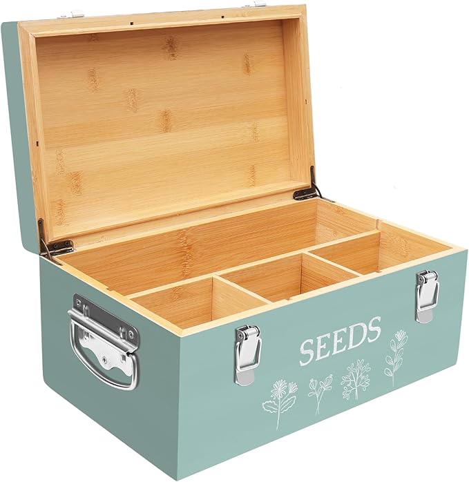 Large Bamboo Wood Seed Storage Organizer Box with Lid, Double-Layer Seal Design Seed Saving Box with 304 Stainless Steel Safety Lock, Handles, Extra Seed Envelopes and Labels, Great Gifts for Gardener