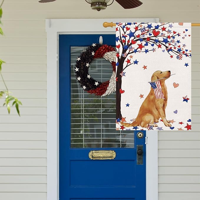 Louise Maelys 4th of July Garden Flag 28x40 Double Sided, Small Burlap Welcome Patriotic Golden Retriever Dog Yard House for Memorial Veterans Independence Day Outdoor Decor