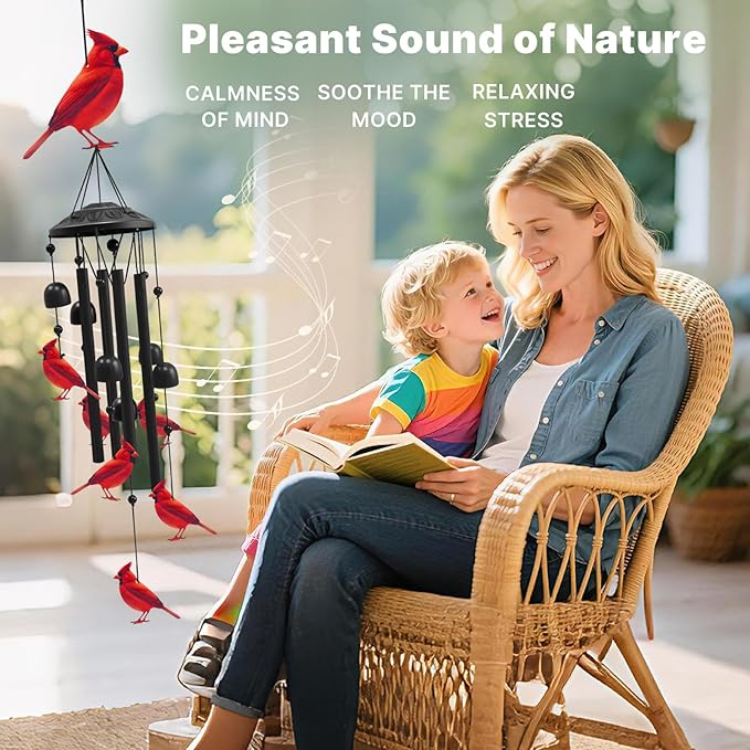 Cardinal Wind Chimes for Outside, Black Metal Windchimes Outdoors, Cardinals Gifts for Women/Men, Garden/Yard Decor, Memorial/Birthday Gifts for Grandma/Mom, Durable Chimes for Outdoors