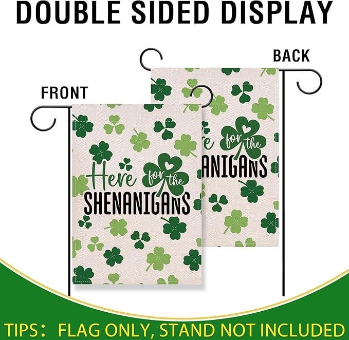 Artofy St Patricks Day Small Decorative Garden Flag, Lucky Shamrock Clover Here for The Shenanigans Yard Lawn Outside Decor, Irish Spring Burlap Outdoor Home Decoration Double Sided 12 x 18