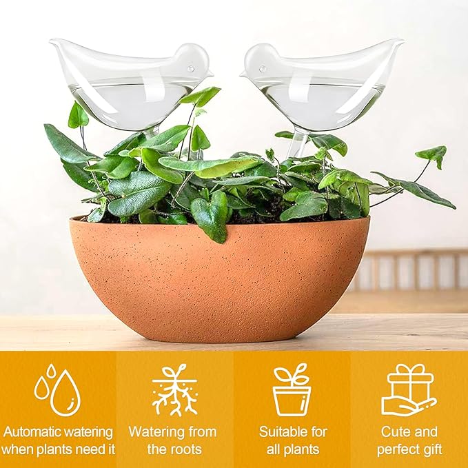 KiKiHeim Plant Watering Globes Self Watering Planter Insert Spikes Drip Devices, Clear Glass Automatic Water Bulbs for Outdoor&Indoor Plants, 2 Birds