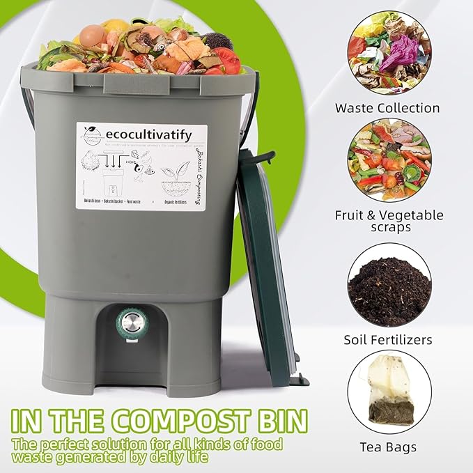 18.8L Bokashi Bucket with Snap-Locked Lid, 5 Gallon Compost Bin, Kitchen Composter with Bran, Kitchen Compost Pail, ecocultivatify Bokashi Kit Set with Starter (Grey & Dark Green)