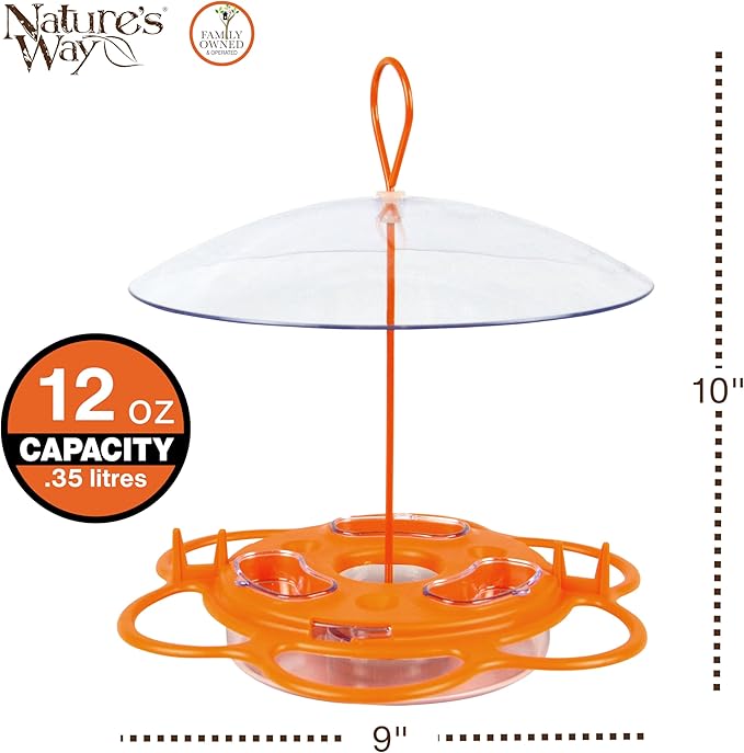 Nature’s Way Multi-Station Oriole Feeding Center with Ant Moat & Weather Baffle, Metal & Plastic Wild Bird Feeder, 12 oz Nectar Capacity, Orange