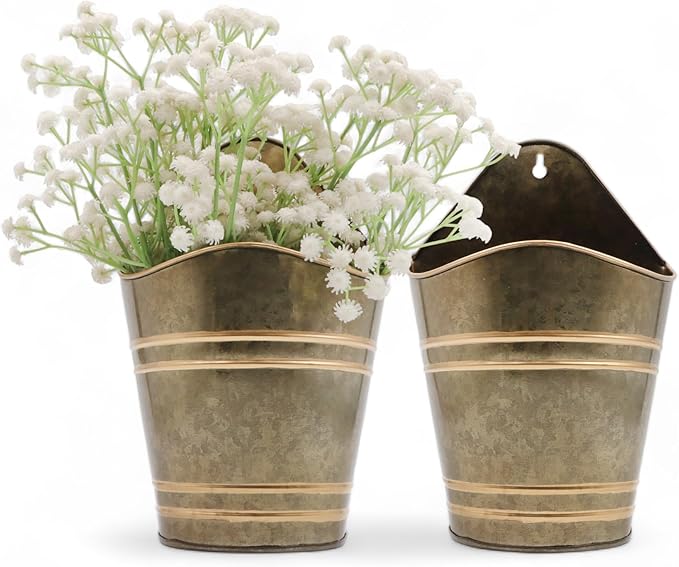 Hosley Set of 2 Zinc Finish Wall Planter with PVC Linner 6.25" L x 4" W x 10" H, Ideal Gift for Floral ArrangementsWedding Home Office Party DIY Indoor Outdoor Garden Patio
