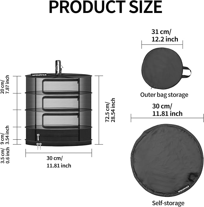 Herb Drying Hanging Mesh Rack - 1ft Diameter (D12xH29 inch) 4 Layer, Foldable Plant Drying Net with U-Shaped Zipper and Storage Pouch for Herbs, Plants, Flowers, Fruits, Food
