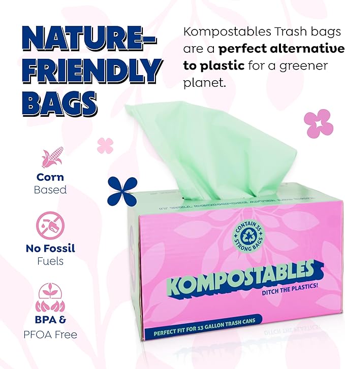 BPI 100% Home Compostable Kitchen Trash Bags, 13 Gallon 1.2 Mil Heavy Duty Unscented Plant Based Bags w/Handles, Tall Biodegradable Garbage, Compost & Food Scrap Waste Can Liners, 35 Ct