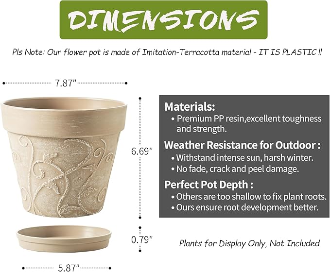 Melphoe Plant Pots Indoor with Drainage & Saucer, 2Pack 8 inch Flower Pots Outdoor Planters for Indoor Plants Garden Home Decor Cactus Succulent, Rigid Plastic (Imitation-Terracotta) Vine-Embossed
