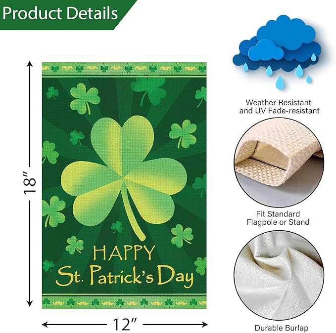 Louise Maelys Happy St Patrick's Day Garden Flag Lucky Shamrock Clover 12x18 Inch Double Sided Small Burlap Welcome Saint Patricks Spring Holiday Yard Outdoor Outside House Decor