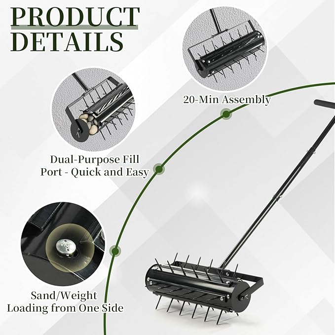 VINGLI Rolling Lawn Aerator with T-Shaped Handle, 17 inch Manual Aerator Tool, Lawn Aerator Spike Tool with 36 Spikes for Garden Yard Soil Health Maintaining, Black