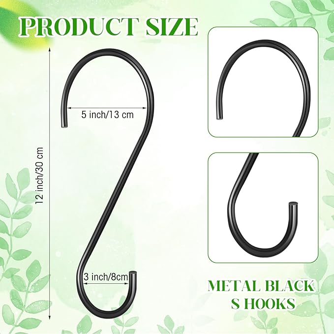 12 Pack 12 Inch S Hooks for Hanging Plants Black Metal Plant Hanger Outdoor Hanging Tree Hooks for Branch, Bird Feeder, Basket, Lantern, Indoor Closet Garden