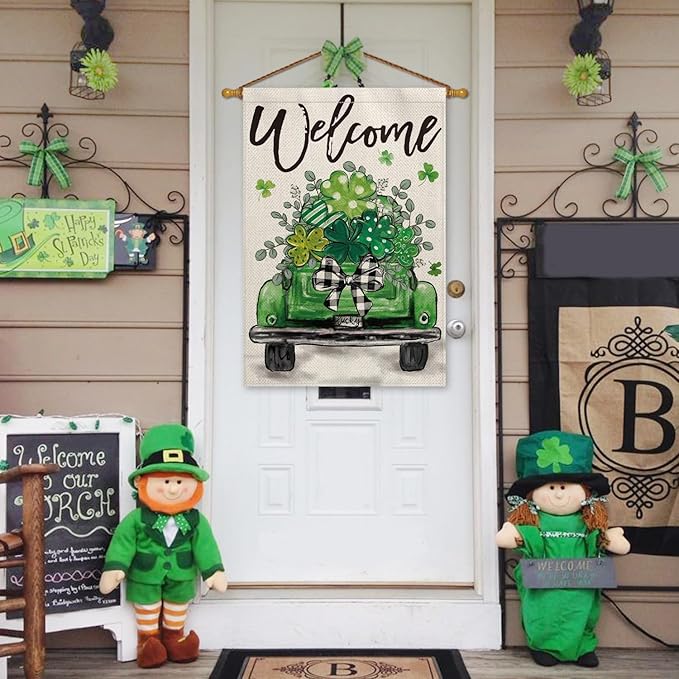 AVOIN colorlife St Patricks Day Truck House Flag 28x40 Inch Double Sided Outside, Lucky Shamrocks Clovers Welcome Yard Outdoor Decoration