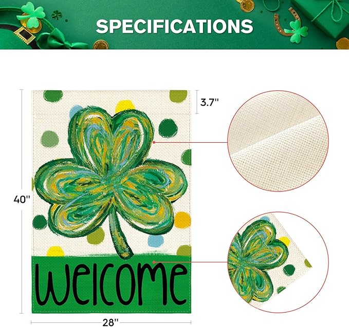 AVOIN colorlife St Patricks Day House Flag 28x40 Inch Double Sided Outside, Shamrock Clover Polka Dots Welcome Yard Outdoor Flag