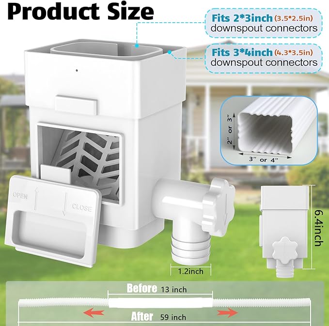 Anivia Rainwater Collection System, Rain Barrel Diverter Kit Fits for 2x3 or 3x4 Inch Standard Downspouts, Downspout Diverter with Adjustable Valve and Filter. 5ft Hose (White)