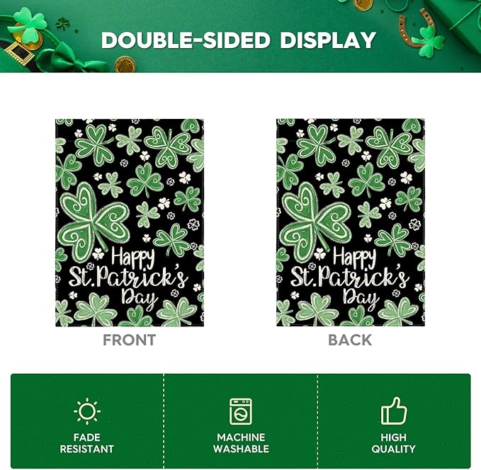 AVOIN colorlife Happy St Patricks Day Garden Flag 12x18 Inch Double Sided Outside, Shamrock Lucky Clover Floral Yard Outdoor Flag