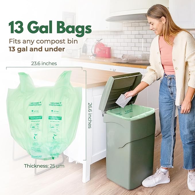 Compostable Kitchen Trash Bags 13 Gal - Cornstrarch Leakproof & Tear Resistant 100 Compost Bags - OK Compost Home & Seedling Certified 0.25 mm Kitchen Garbage Bags